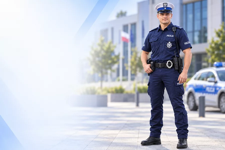 Sierżant Sokół w mundurze stoi na miejskim placu, po lewej pusta przestrzeń kadru