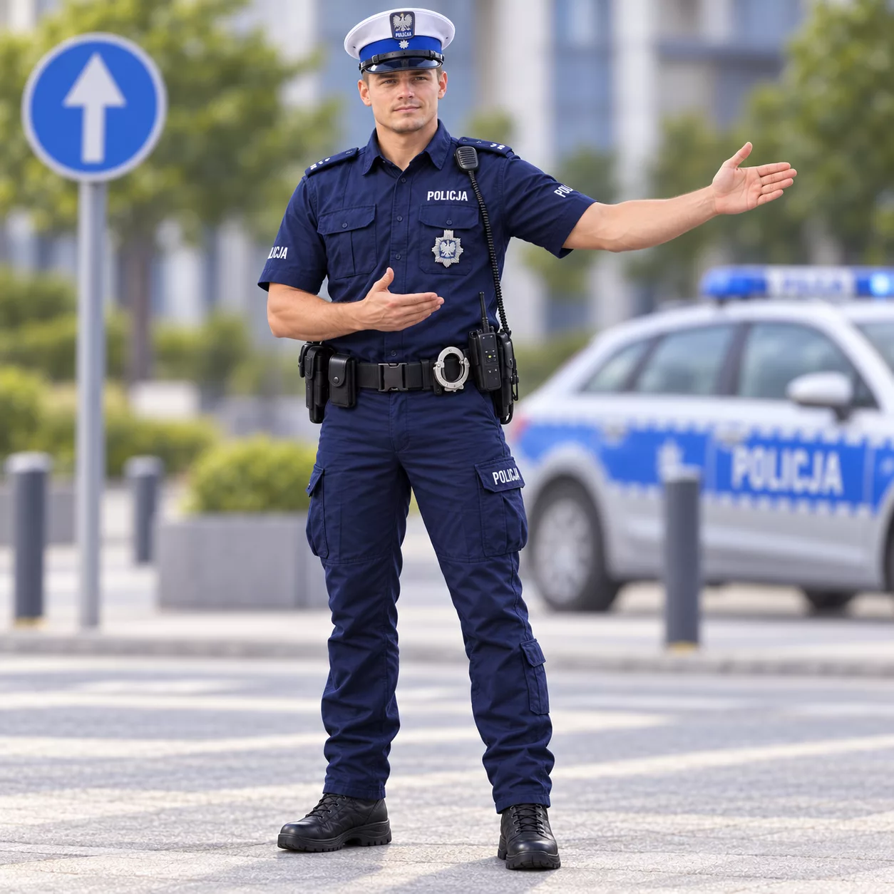 Sierżant Sokół otwartą dłonią wskazuje coś obok siebie, w tle znak drogowy nakazu
